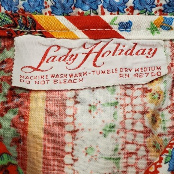 Vintage 70s Red Boho Belted Tunic Collared Smock Sleeveless Floral Shirt L/XL - Picture 9 of 10